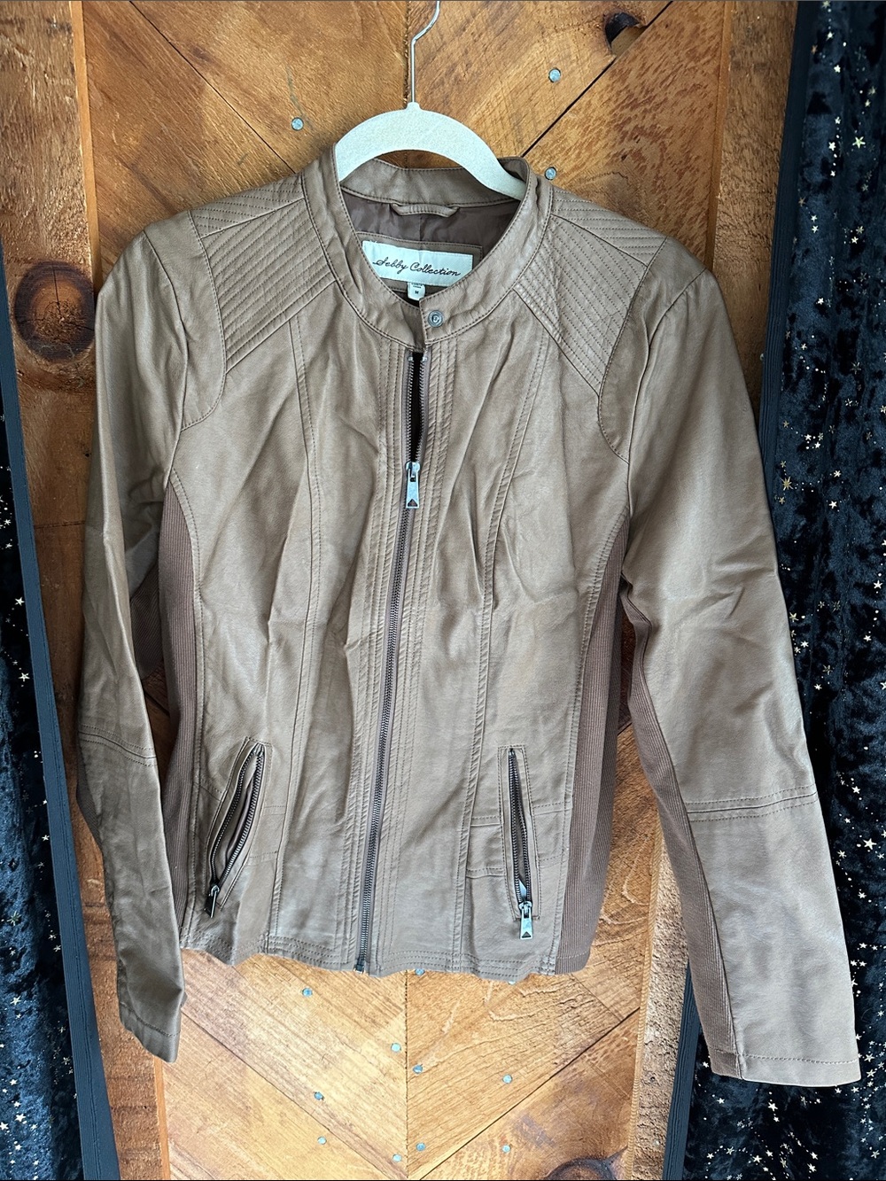 Classic Taupe Faux Leather Moto Jacket by Lucky Collection